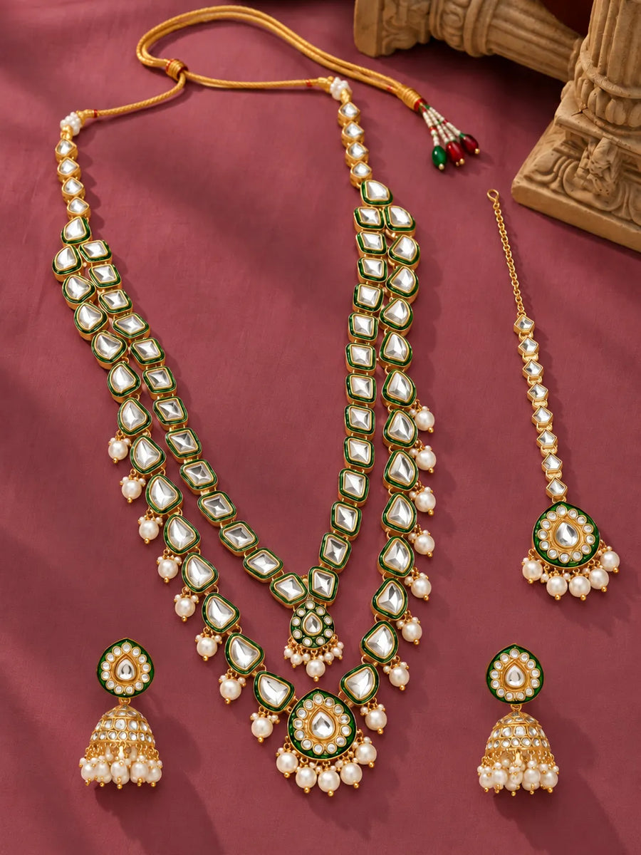 Gold Plated Green Kundan Pearl Layered Set