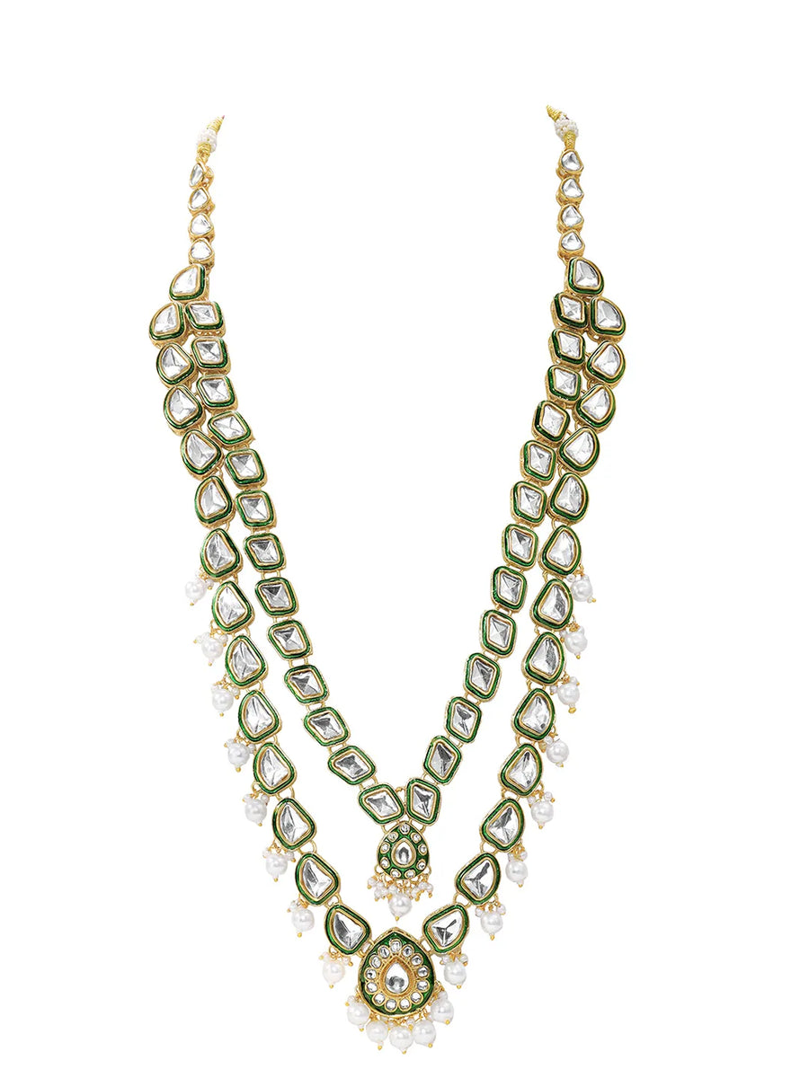 Gold Plated Green Kundan Pearl Layered Set