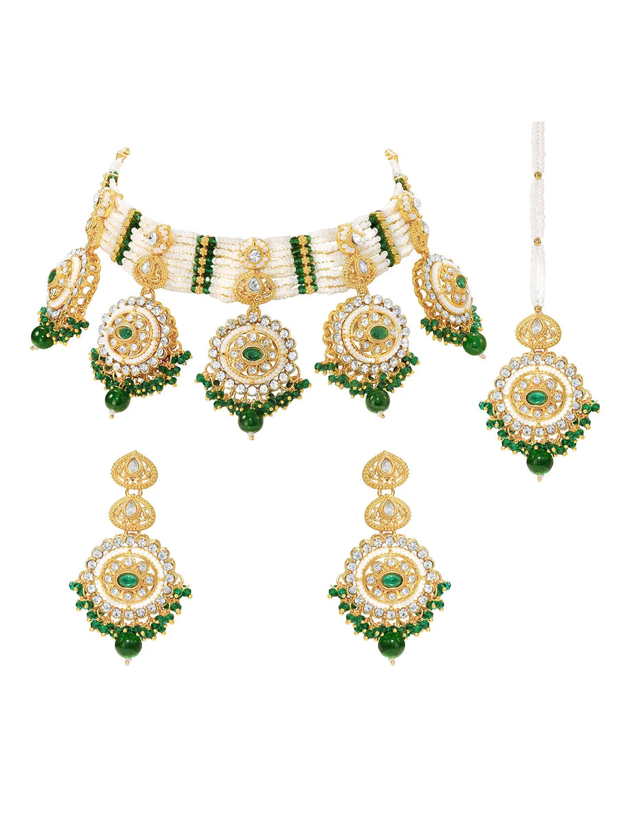 Gold Plated Green Kundan Festive Bridal Set