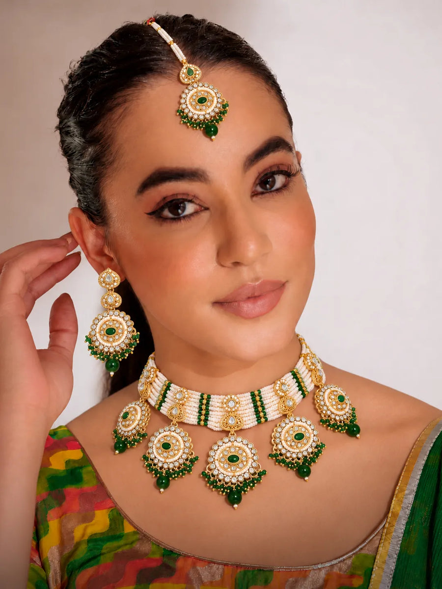 Gold Plated Green Kundan Festive Bridal Set