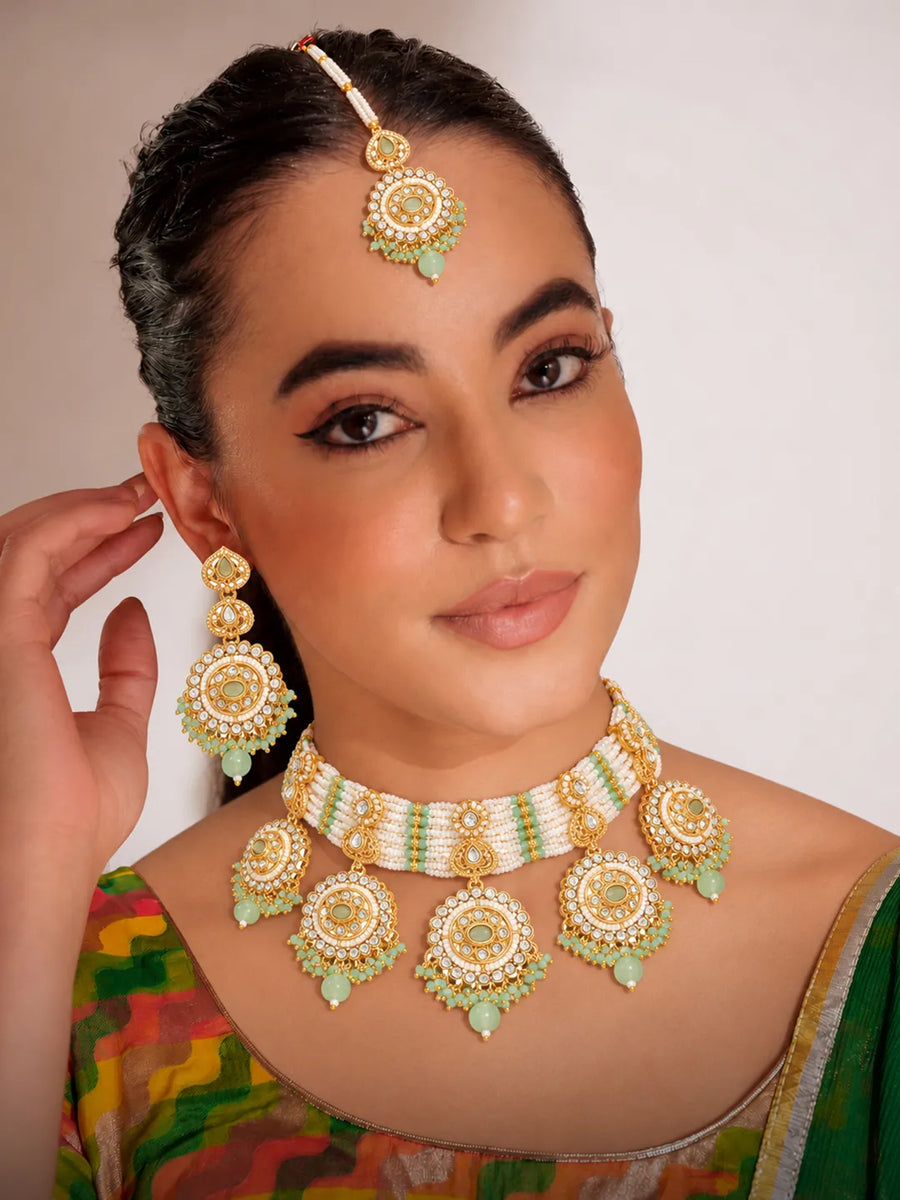 Gold Plated Mint Kundan Heritage Bridal Set