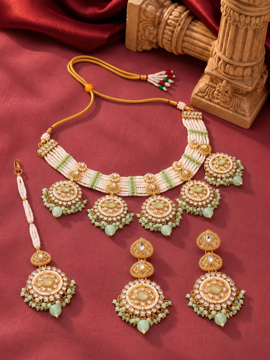 Gold Plated Mint Kundan Heritage Bridal Set