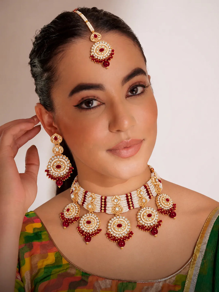 Gold Plated Maroon Kundan Luminous Bridal Set