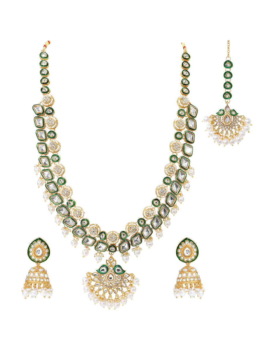 Gold Plated Green Kundan Classic Bridal Set