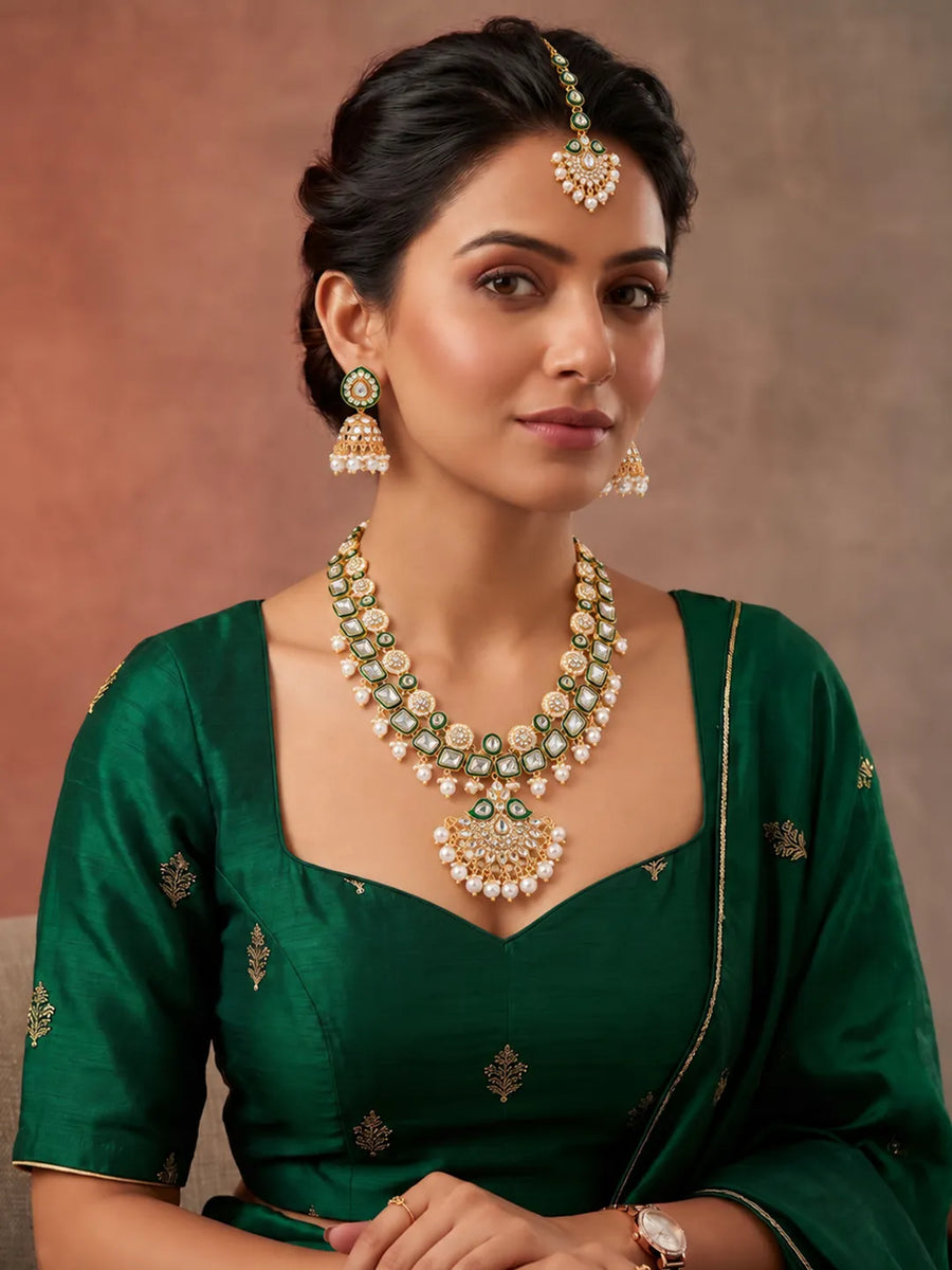 Gold Plated Green Kundan Classic Bridal Set