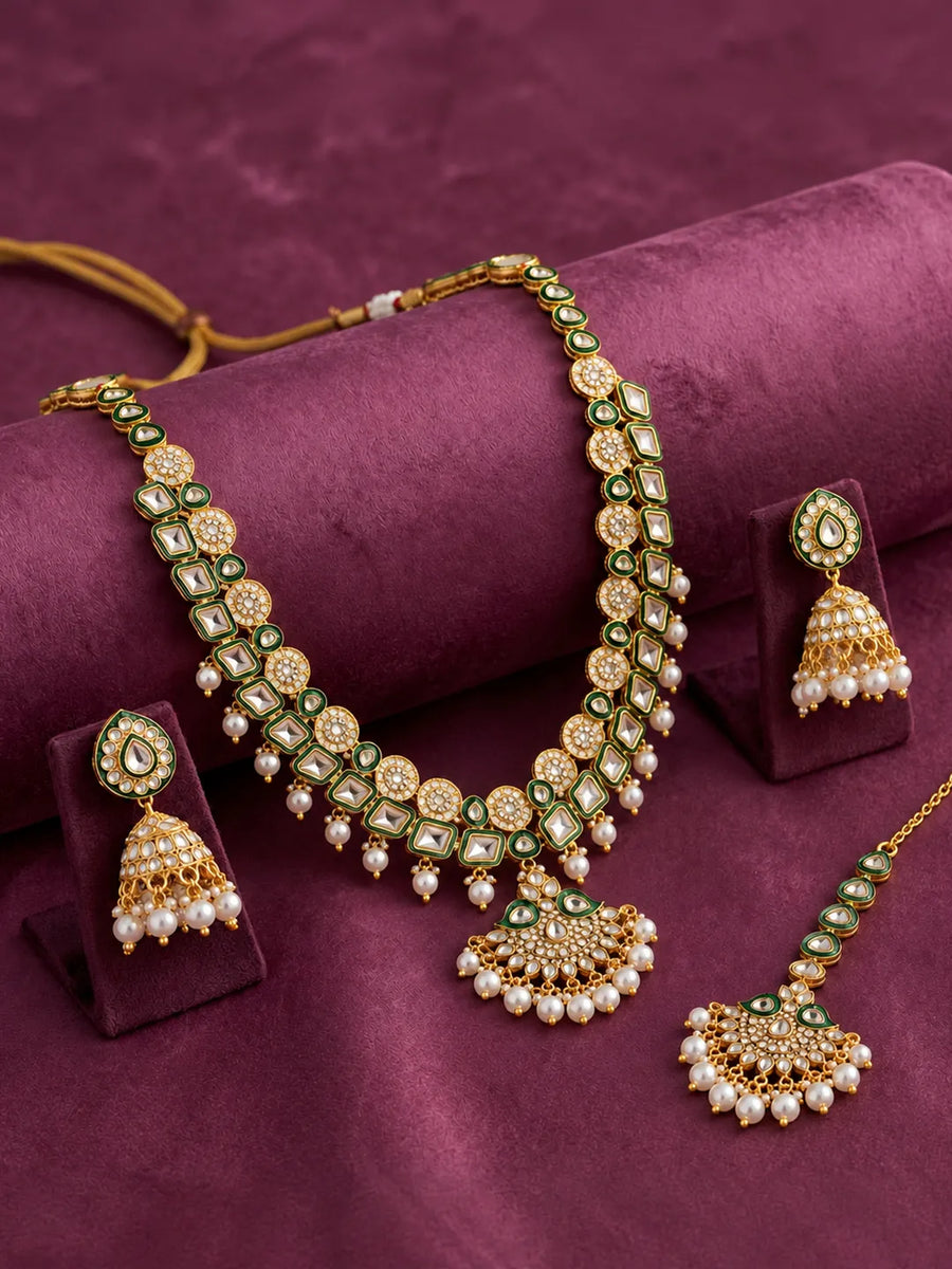 Gold Plated Green Kundan Classic Bridal Set