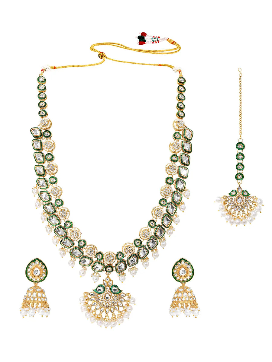 Gold Plated Green Kundan Classic Bridal Set