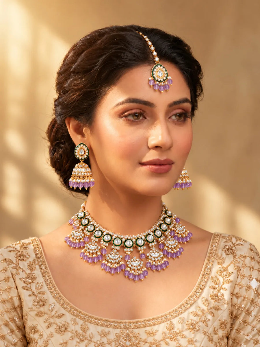 Gold Plated Pink Kundan Classic Bridal Set