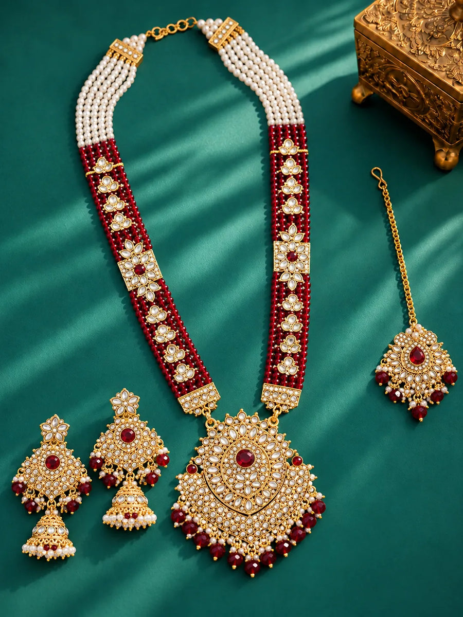 Gold Plated Maroon Heritage Kundan Set