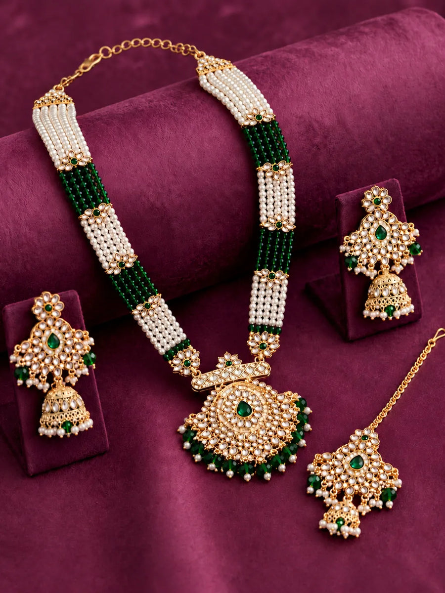 Gold Plated Green Grand Bridal Kundan Set