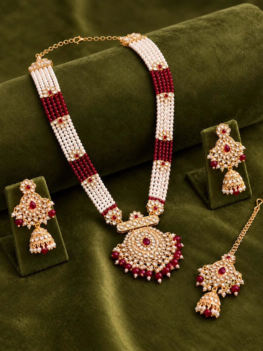 Gold Plated Maroon Royal Wedding Necklace set
