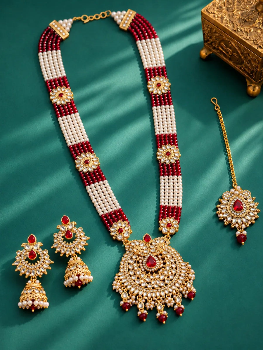 Gold Plated Maroon Majestic Necklace Set