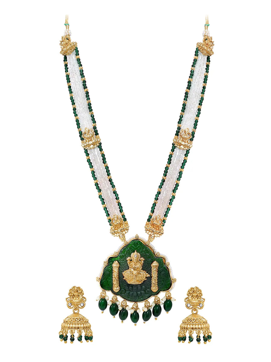 Gold Plated Green Bead Statement Necklace Set