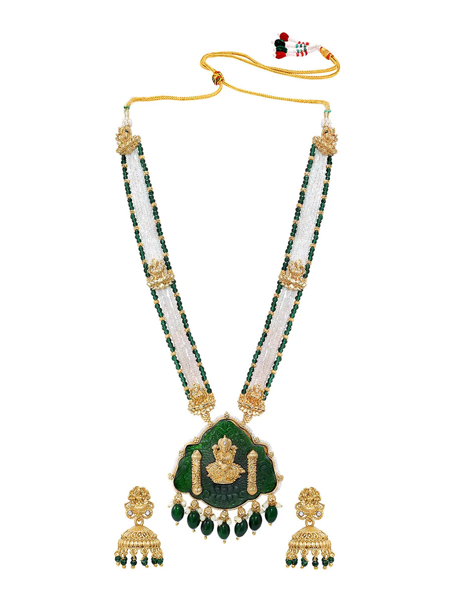 Gold Plated Green Bead Statement Necklace Set