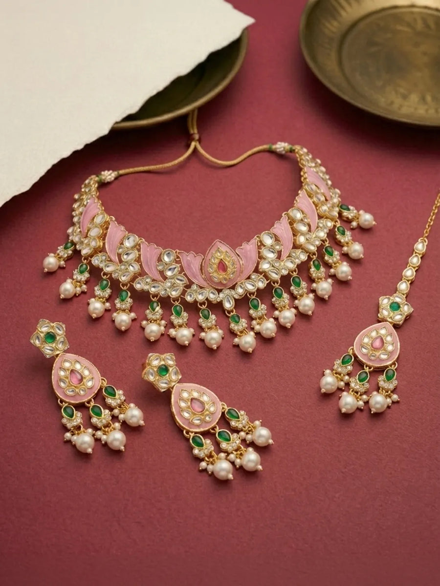 Gold Plated Pink Kundan Traditional Bridal Set