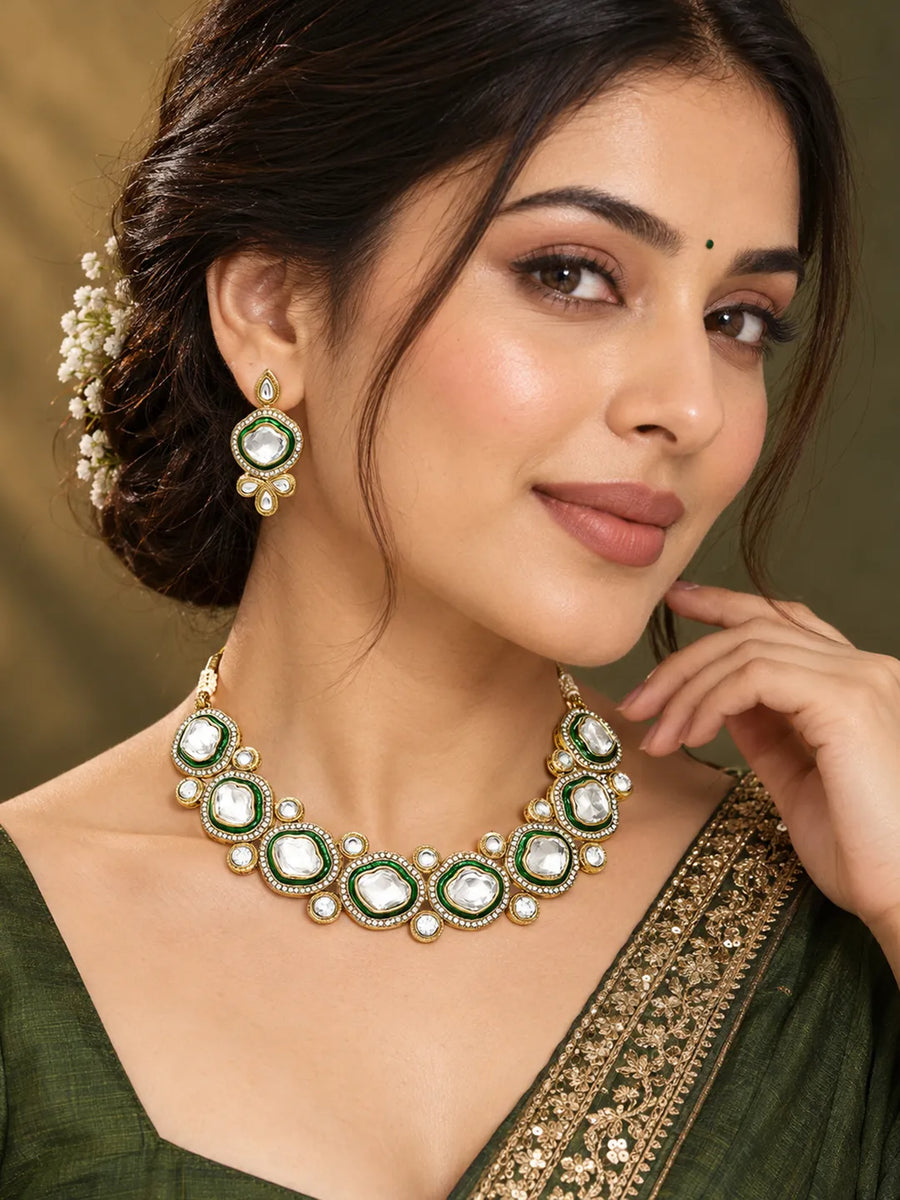 Gold Plated White Kundan CZ Radiant Necklace Set
