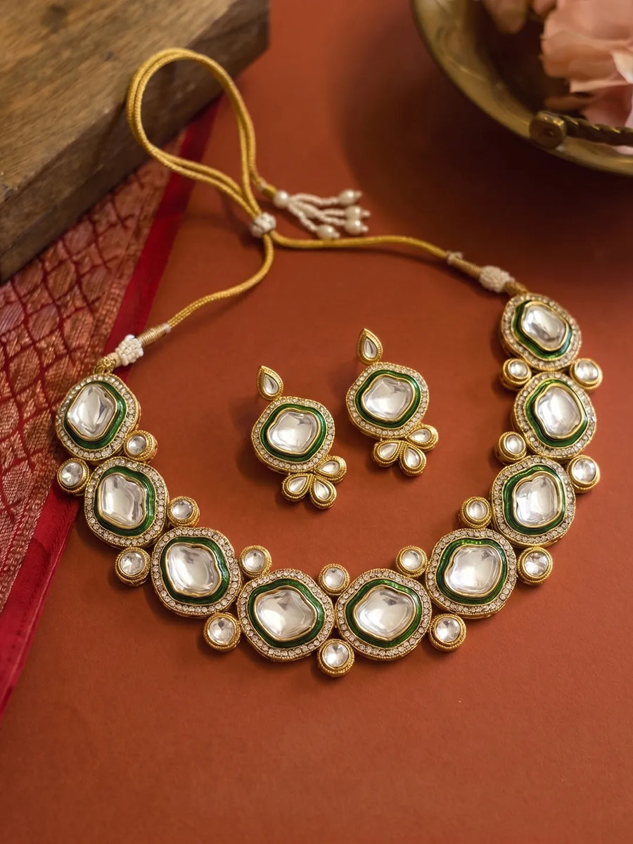 Gold Plated White Kundan CZ Radiant Necklace Set