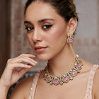 Gold Plated Pink CZ Onyx Floral Necklace Set