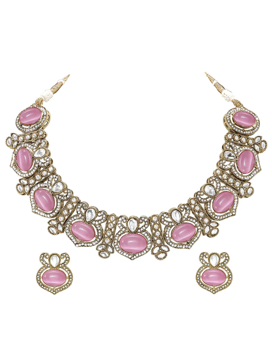 Gold Plated Pink CZ Onyx Floral Necklace Set