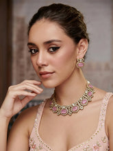 Gold Plated Pink CZ Onyx Floral Necklace Set