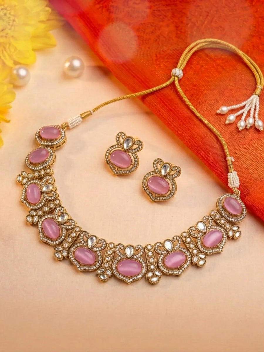 Gold Plated Pink CZ Onyx Floral Necklace Set