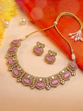 Gold Plated Pink CZ Onyx Floral Necklace Set