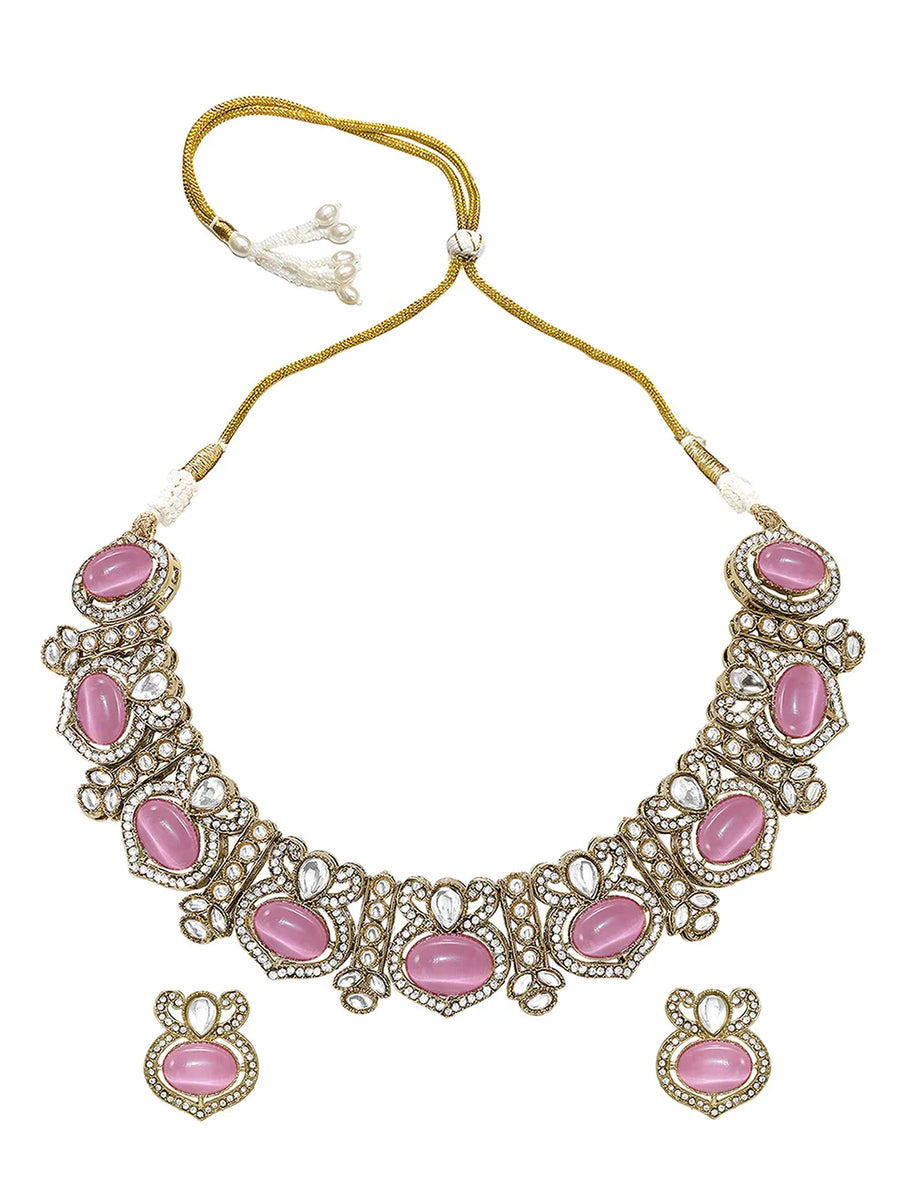 Gold Plated Pink CZ Onyx Floral Necklace Set