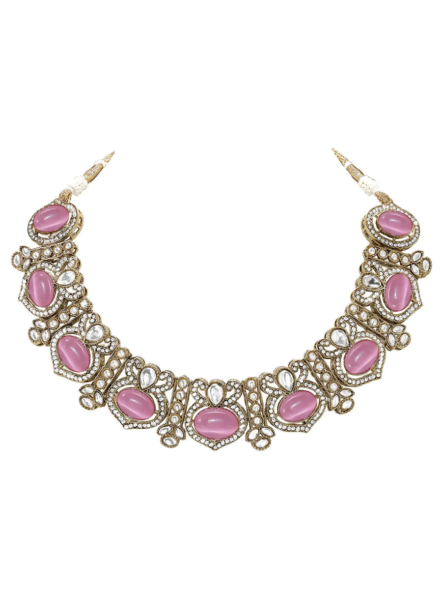 Gold Plated Pink CZ Onyx Floral Necklace Set