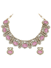 Gold Plated Pink CZ Onyx Floral Necklace Set