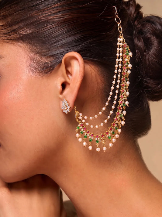Gold Plated Pearl Kundan Ear Chain for Women