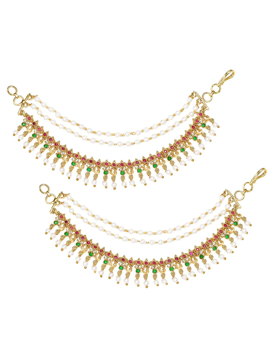 Gold Plated Pearl Kundan Ear Chain for Women