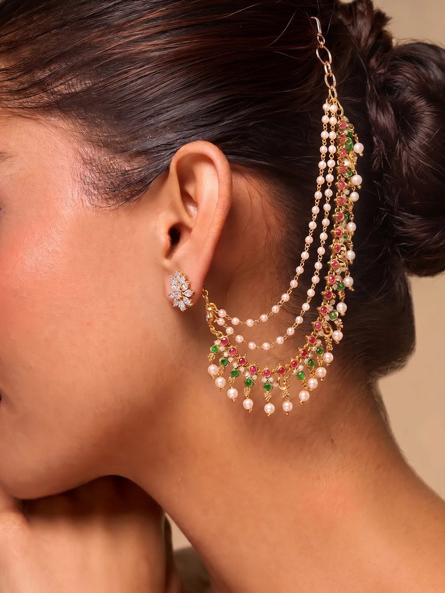 Gold Plated Pearl Kundan Ear Chain for Women