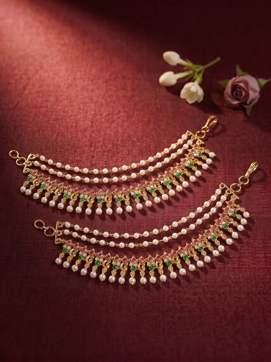 Gold Plated Pearl Kundan Ear Chain for Women