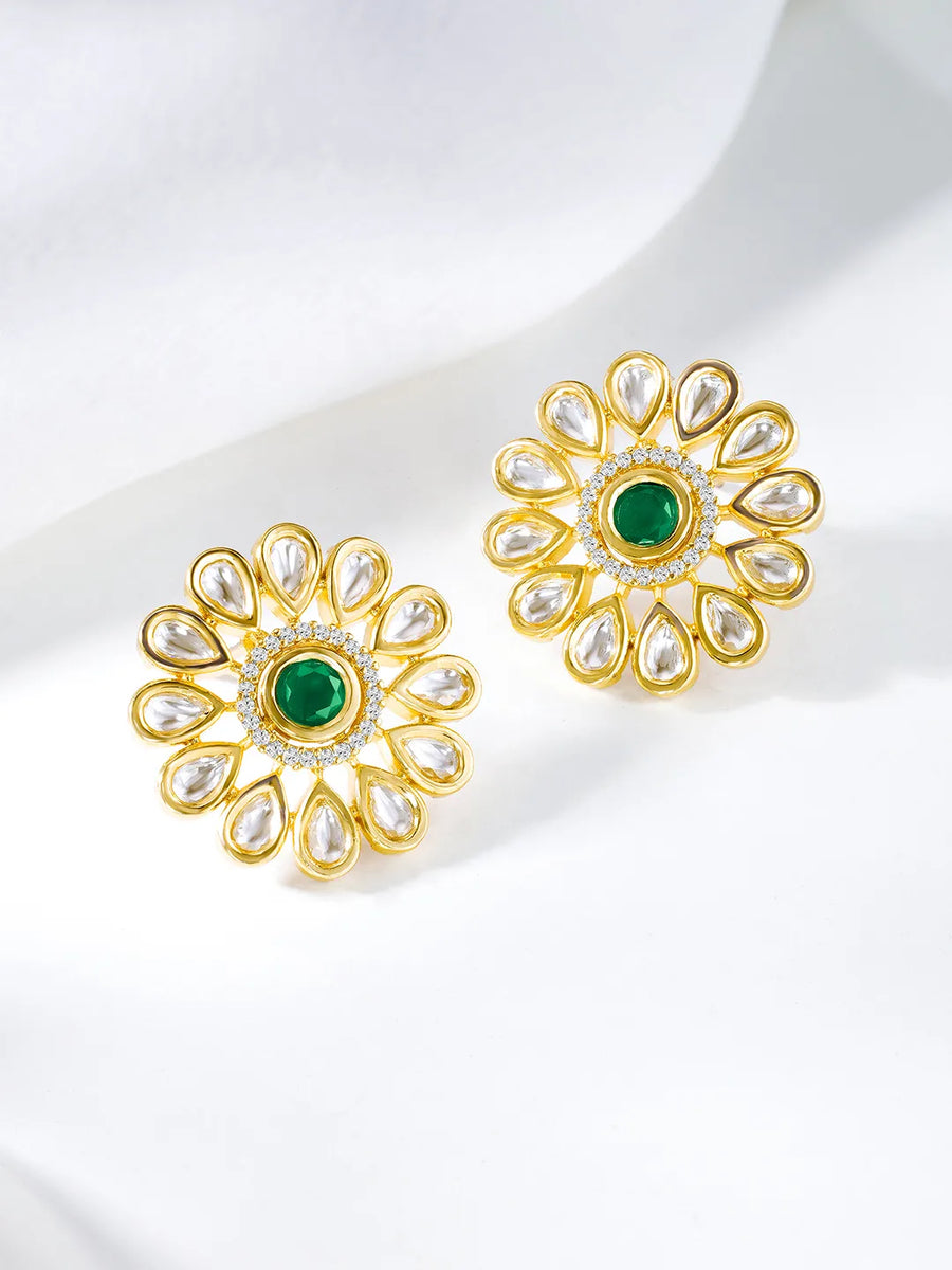 Faux Kundan Bloom Style Earrings - Green White