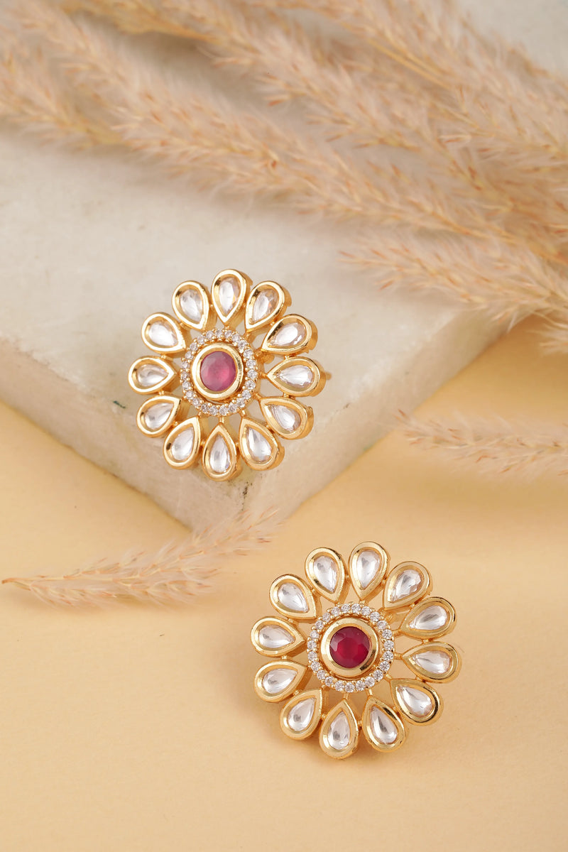 Faux Kundan Bloom Style Earrings - White Pink