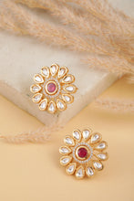 Faux Kundan Bloom Style Earrings - White Pink
