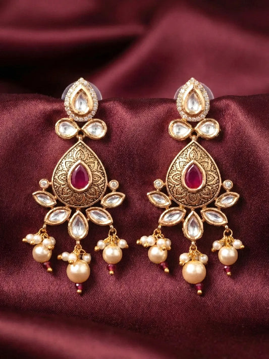 Peora Pink Festive Kundan Drop Earrings