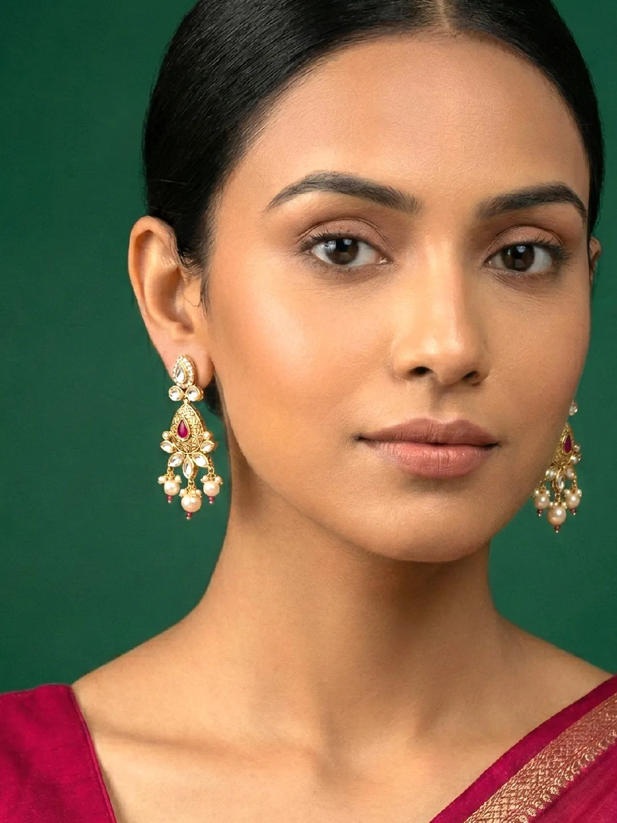 Peora Pink Festive Kundan Drop Earrings