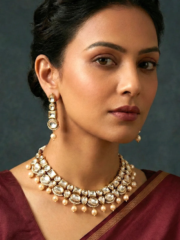 Peora Victorian Kundan Pearl Necklace Set