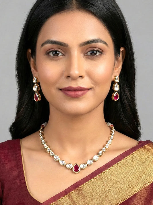 Peora Ruby Teardrop Polki Necklace Set