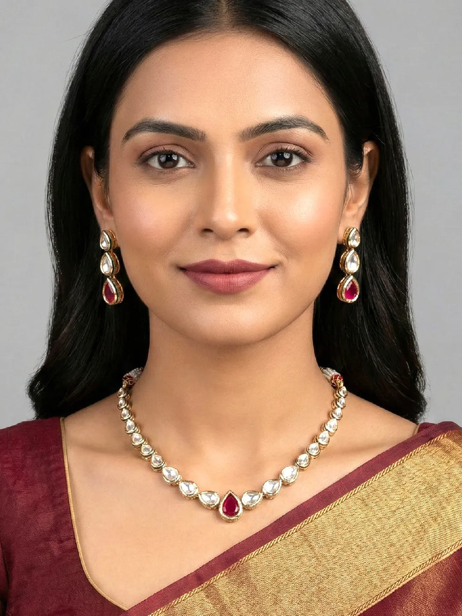 Peora Ruby Teardrop Polki Necklace Set