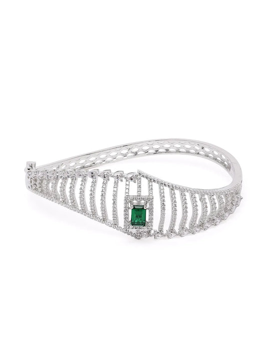 Sparkling Zigzag CZ Kada Bangle - Silver - Green