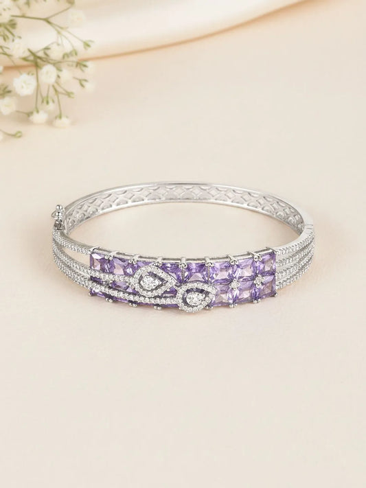 Party Wear Silver Kada with CZ Purple Stones