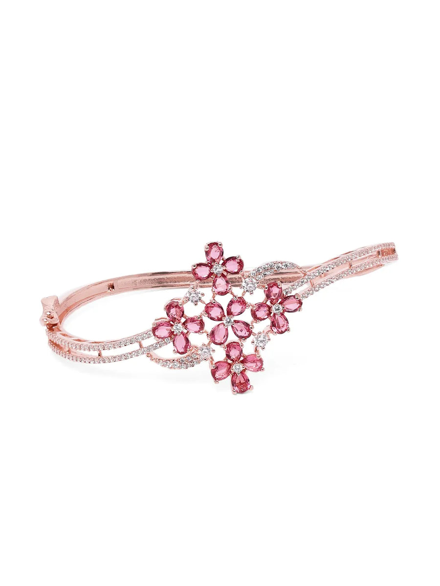 Floral Cluster Crystal Kada for Women - Rose Gold - Red
