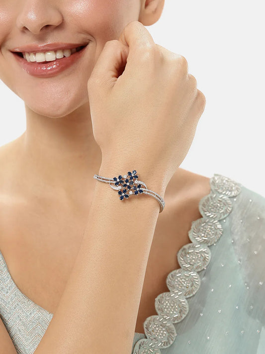 Floral Cluster Crystal Kada for Women - Silver - Blue