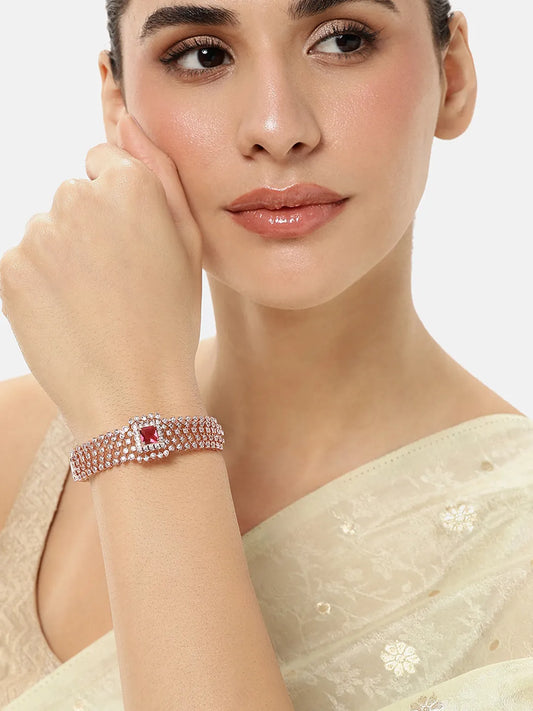 Royal CZ Lined Statement Bracelet - Rose Gold - Red