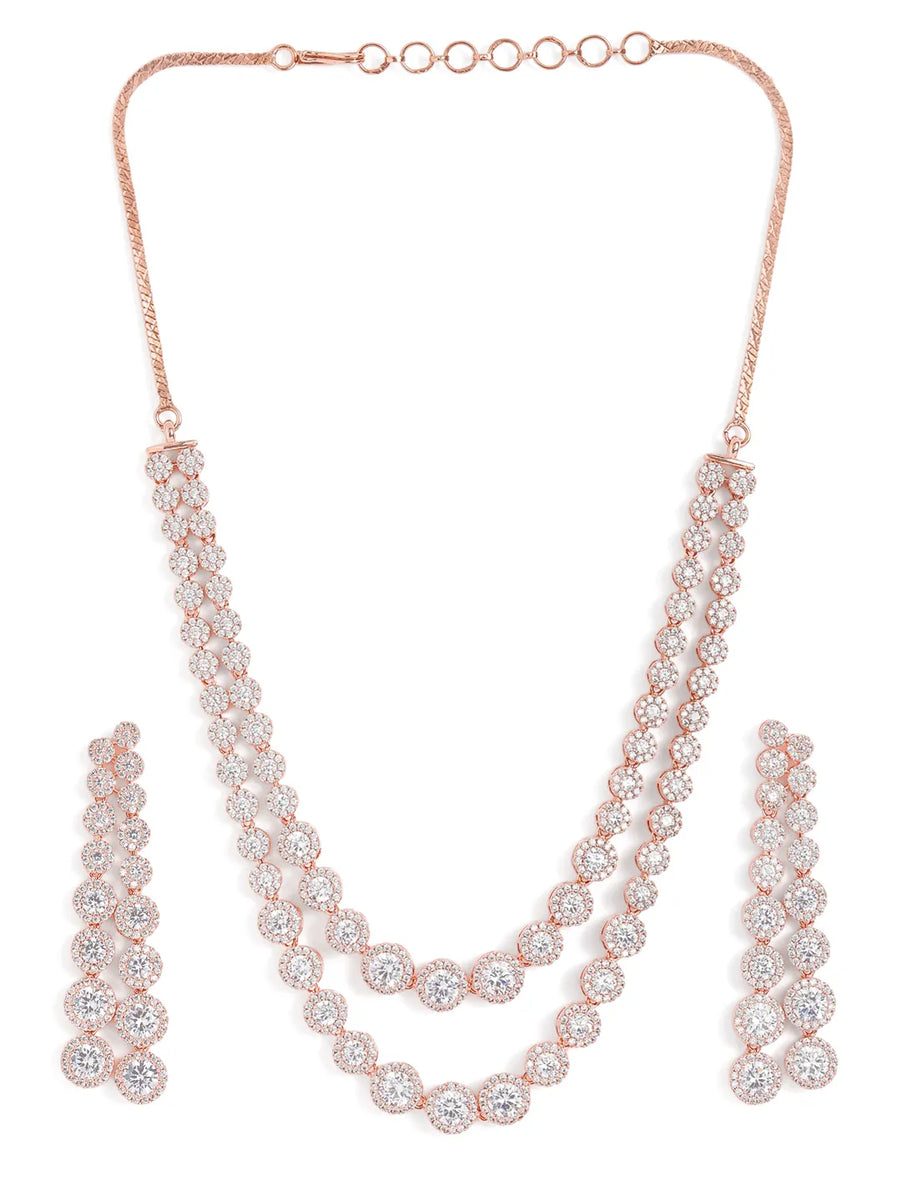 Sparkling CZ Necklace and Earring Combo - Rose Gold