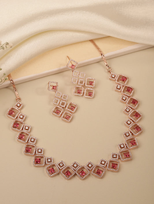 Faux Ruby Charm Square Necklace Set
