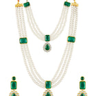 Divine Era Layered Crystal Bridal Set. Green gemstone, white pearls this has a pair of earrings & one short necklace & one long necklace perfect for layered royal look. 