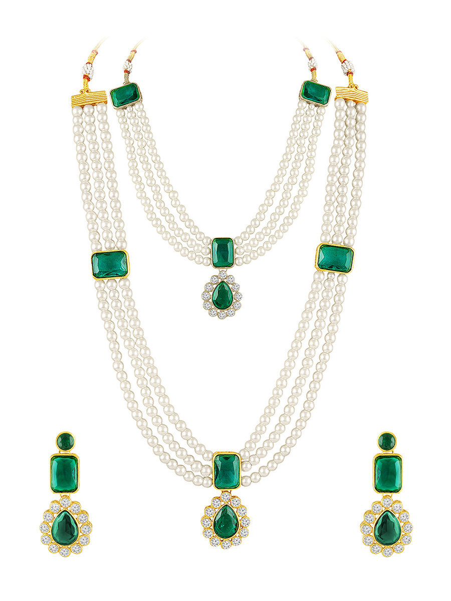 Divine Era Layered Crystal Bridal Set. Green gemstone, white pearls this has a pair of earrings & one short necklace & one long necklace perfect for layered royal look. 